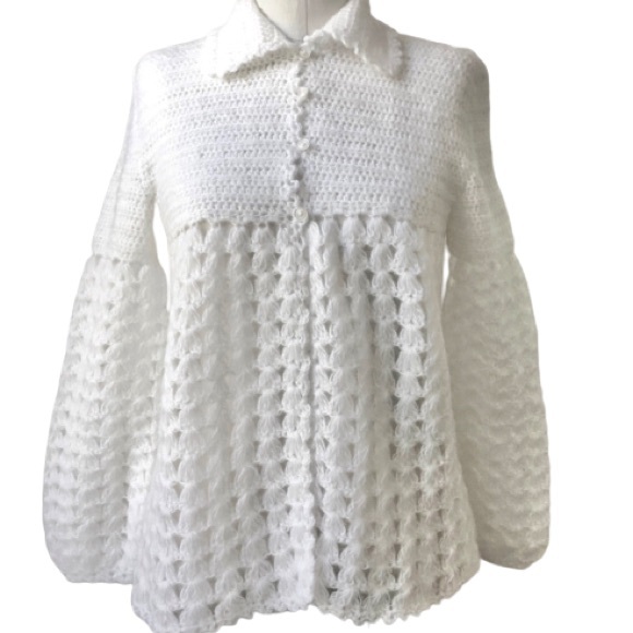 Vintage Sweaters - Vtg Crocheted Mixed Knit White Granny Empire Waist Baby Doll Cardigan Sweater